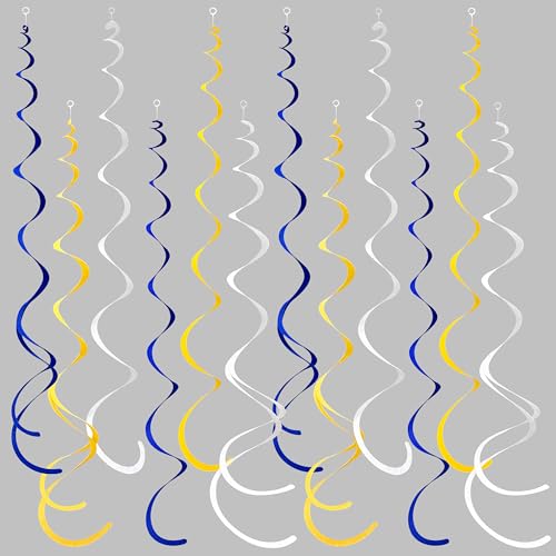 Image of 36 Pcs Royal Blue Yellow White Hanging Swirl Decoration Felt Swirl Streamer Spiral Ceiling Decorations Garland for Graduation Birthday Wedding Retirement Nautical Ahoy Achor Party Supplies