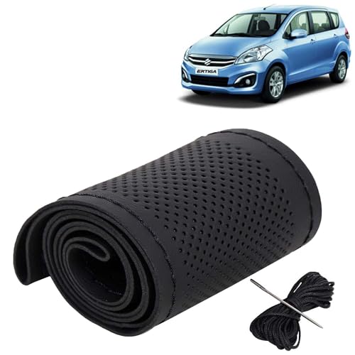 Image of KINGSWAY PU Leatherite Car Steering Cover Sewable Compatible with Maruti Suzuki Ertiga (Year 2016-2018), Black Color with Black Thread, Pack of 1 with Sewing Needle and Thread
