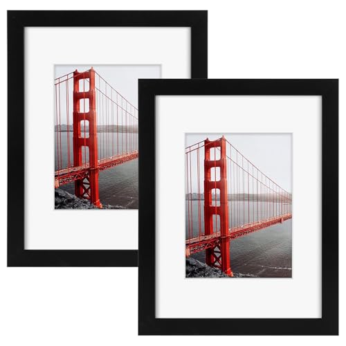 Frametory, 9x12 Picture Frame - Display 6x8 Photo with Mat - Wide Molding - Pre-Installed Wall Mounting Hardware (Black, 2-Pack)