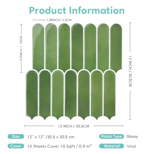 Commomy Thicker Green Peel and Stick Tile Backsplash - 10 pcs of 12" x 12" - 3D Adhesive Peel and Stick Backsplash for Kitchen, Bathroom, Removable, Waterproof, Vinyl Wall Tile