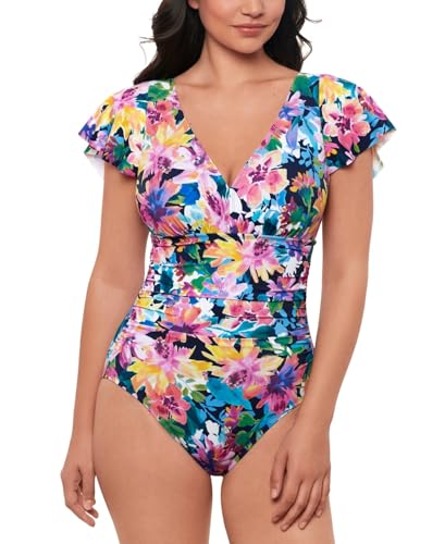 Swim Solutions Garden Dreams Flutter-Sleeve One-Piece Swimsuit, Navy Floral Print, Size 14
