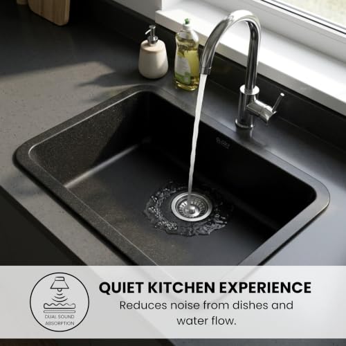 Image of GLOXY Premium Quartz Granite Single Bowl Kitchen Sink 31x19x9 Inches - Black Matte Finish Quartz Sink For Kitchen - Kitchen Sink With Coupling Hose Pipe and Drainer Basket & Undermount & Topmount