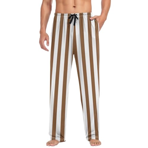 Lounge Pajama Pants for Men Brown White Stripes Men's Sleep Bottoms Pants with Drawstring, S3