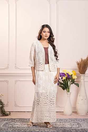 Image of CHEVAUX Womens Embroidered Crochet Co-ord Set Self Design Straight Skirt with Shrug Jacket Ethnic Western Outfit for Women and Girls Casual Partee-Wear Summer Dress Set