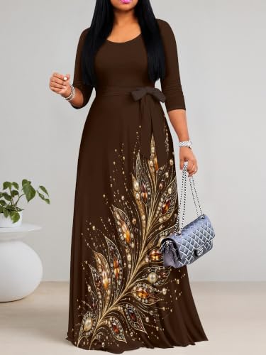 Image of PinkPatty Women's Plus Size V Neck 3 /4 Sleeve Boho Maxi Dress with Pockets