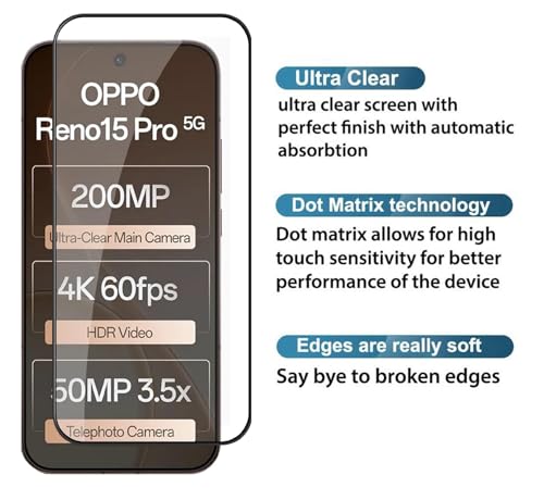 Image of HD Tempered Glass Screen Protector Compatible for Reno 15 Pro 5G, Reno 15 Pro Max 5G with Edge to Edge coverage and Easy Installation kit