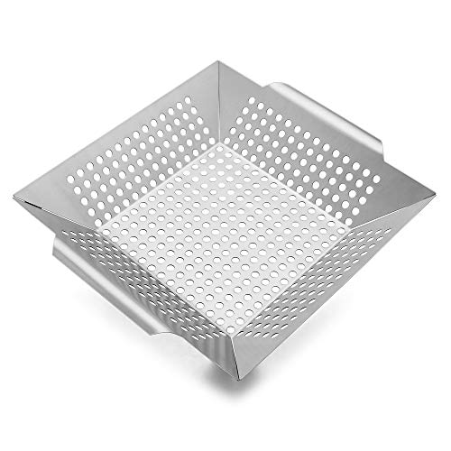 HaSteeL Vegetable Grill Basket 12 in, Large BBQ Grilling Basket Wok for Kabobs