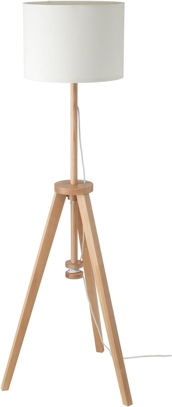 Modern Tripod Floor Lamp, Wooden Stand with White Shade, Natural Ash Wood