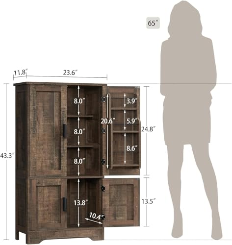 Image of TEENFON Storage Cabinet with 4 Doors, 43.3 inch H Farmhouse Kitchen Cabinet with 6 Door Shelves, Kitchen Storage Cabinets with Adjustable Shelves, for Living Room, Antique Oak