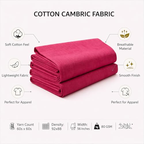 Image of Soimoi Pink Solid 60 * 60's Cotton Cambric Fabric by 2 Yards, 56 Inch Wide Light Weight Material Suitable for Kurtis, Blouses, Kids Clothing, Tunics, Dresses and Summer Apparel