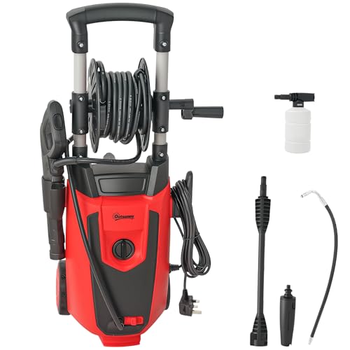 Outsunny 1800 W High Pressure Washer, 150 Bar Pressure, 420 L/h Flow, Portable Electric Power Washer Jet Wash Cleaner with Adjustable Nozzle, 6 M Hose and Hose Reel for Home Patio Car Driveway, Red