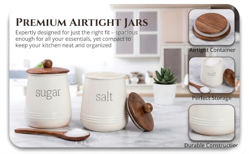 Image of Stylish Airtight Container for Kitchen, Sugar & Salt Storage,White, Metal with Wooden Lid & Spoon, 1000ml, Canister for Kitchen Counter top | Food-Safe Jar Set of 2 (Sugar & Salt)