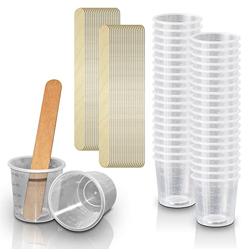 50 Pack – RE-GEN 60ml/2oz Clear RE-USABLE Plastic Graduated Measuring Cup Mixing Kit with 50 Wood Stir Spatulas | Ideal for Mixing Paint, Oils, Liquids, Resin
