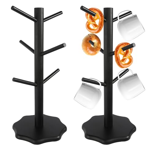 2 Stück Tassenhalter Stehend Holz Brezelständer Baum Tassenregal Schwarz Tassenständer Kaffeetassenständer mit 6 Haken Stabil Tassenhalter Tassenständer Holz für Küchentheke Tabletop Kaffeetassenregal