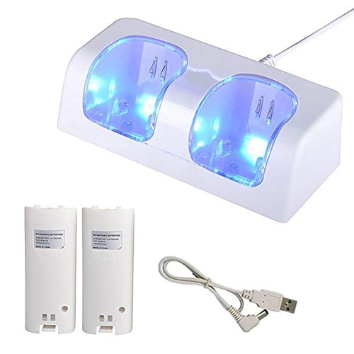 QLING Station de Chargement Double pour télécommande Nintendo Wii, Station de Chargement Wii, Chargeur de Manette de Jeu Nintendo avec 2 Batteries Rechargeables 2800 mAh et câble USB