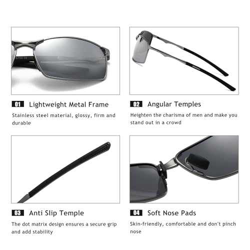 Image of SUNGAIT Ultra-Lightweight Polarized Sunglasses Men for Driving Fishing Golf, Rectangular Metal Frame with Spring Hinge
