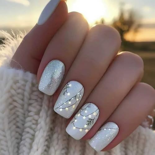 24pcs Winter Press on Nail Medium Length Square Fake Nails Silver...