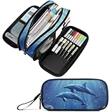 Fustylead Magical Underwater Blue Dolphins Large Pencil Case Portable Stationery Bag Cosmetics Bag with Handle for School Office Travel