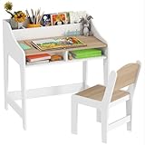 Qaba Kids Desk and Chair Set, Study Desk for Kids with Storage and Shelves, Wooden Children Writing Table for Bedroom, Natural Wood