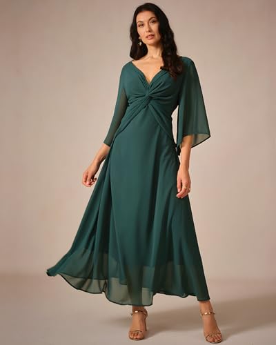 Women's Formal Cocktail Wedding Guest V Neck Long Chiffon Maxi Dresses A-Line 3/4 Sleeve Elegant Bridesmaids Dress2