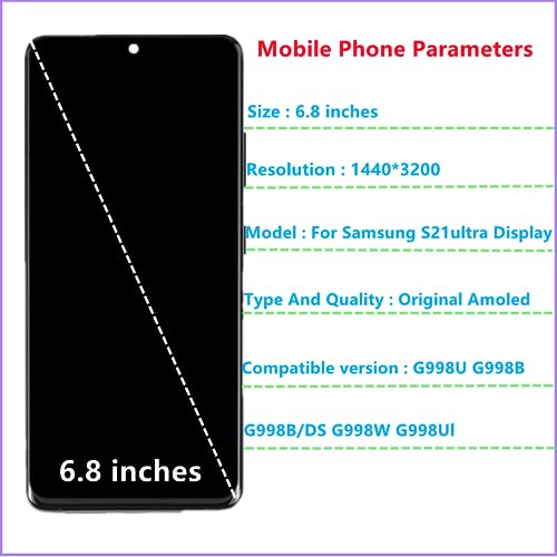 Original 6.8" for Samsung S21 Ultra Display Touch Screen Digitizer S21ultra 5G G998U G998B G998B/DS G998W G998Ul LCD Screen Replacement (with Black Frame+Back Cover)