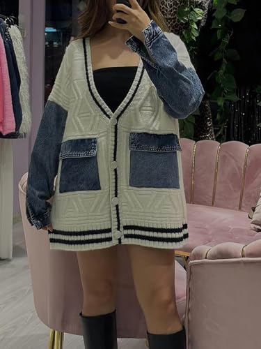 Molisry Women's 2025 Cardigan Sweater Long Sleeve Patchwork Denim Pockets Open Front Jean Jacket Spring4
