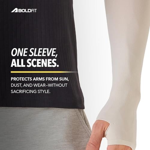 Image of Boldfit Arm Sleeves for Men & Women UV Protection Hand Sleeve with Thumb for Boys & Girls Sun Protection Cover for Running, Bike Riding, Cricket - Off-White- 2 Pair