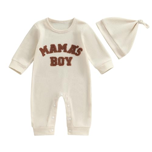 Image of NZNDSHD Baby Boy Romper Fall Clothes Long Sleeve Waffle Knit Jumpsuit Mamas Boy Little Dude Embroidered Bodysuit with Hat