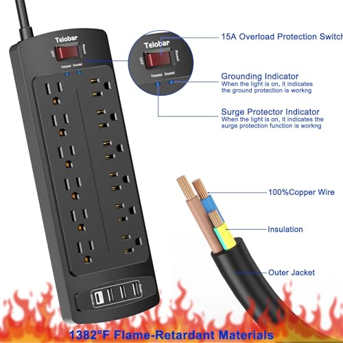 Image of Surge Protector Power Strip, Teiobar 12 Outlets and 4 USB Ports, 6 Feet Extension Cord for Home, Office, Dorm Essentials, 2700 Joules, ETL Listed, Black