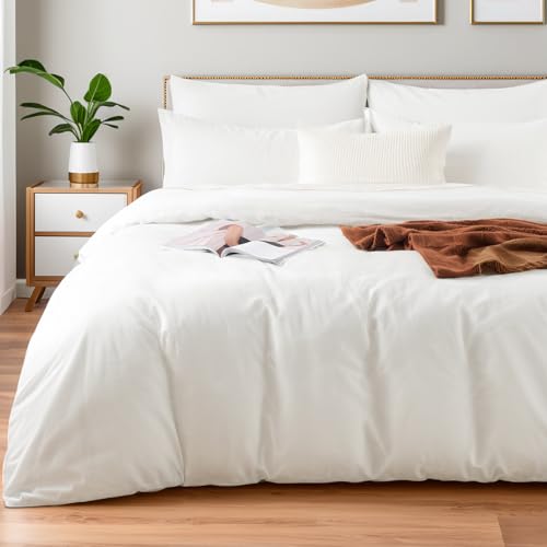 NEXHOME PRO Juego de Funda de edredón tamaño Queen Extragrande de 98 x 98 Pulgadas, Aspecto de Lino, Texturizado, Blanco, orgánico, Natural, 100% algodón Lavado, Juego de Ropa de Cama de 3 Piezas,