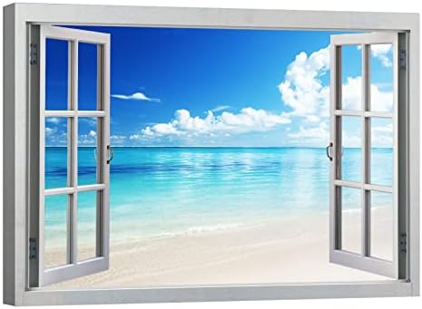 Quadro Finestra isola tropicale tramonto 100x75 cm Stampa su Tela con Telaio in Legno Arredamento Arte Arredo Moderno - Made in Italy