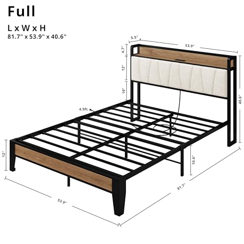 LIKIMIO Full Bed Frames, Storage Headboard with Charging Station, Solid and Stable, Noise Free, No Box Spring Needed, Easy Assembly, Wood and Cream