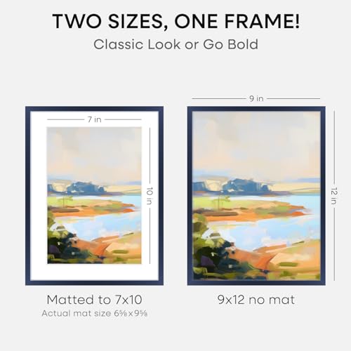 Image of Homeforia 9x12 Navy Blue Frame, High End Metal 9 x 12 Picture Frames with Mat 7 by 10 inch Photo, 9by12 Poster Frame Matted to 7x10 Art, 12x9 Wall or Tabletop Frame, Tempered Glass, Wall Kit, Set of 2