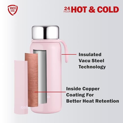 Image of Cello Glitz Thermosteel Flask, 300ml, Peach | 24 Hours Hot and Cold Stainless Steel Bottle | Flask for Tea Coffee | Ideal for Office, Gym, Home, Kitchen, Hiking, Travel Bottle