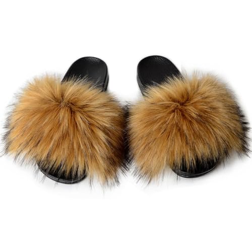 Image of MH Bailment Womens Furry Fluffy Slippers Faux Fur House Slippers Open Toe Fuzzy Slides Soft Flat Slip On Sandals for Indoor Outdoor