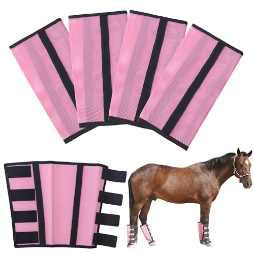 TARFEPA Adjustable Horse Fly Boots Set of 4, Breathable Mesh Fly Boots for Horses, Equine Leg Protection Reduce Stomping, Horse Leggings Leg Guards - (Pink/Large)