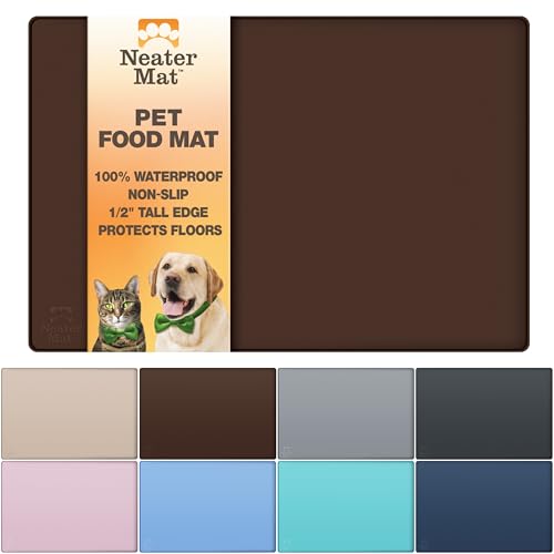Image of Neater Pet Brands Neater Mat Pet Mats for Food and Water, Cat & Dog Bowl Mat Waterproof Silicone, Feeding Tray, Dog Food Mats for Floors, Placemat w /Raised Edge for Under Bowls, 24 inch x 16 inch, Brown