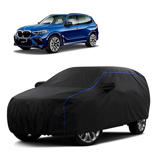 Image of Sulfar 100% Water Resistant Car Body Cover Compatible with Mirror for BMW X5M (Triple Stitched, Full Bottom Elastic, Black Tafetta with Blue Piping)