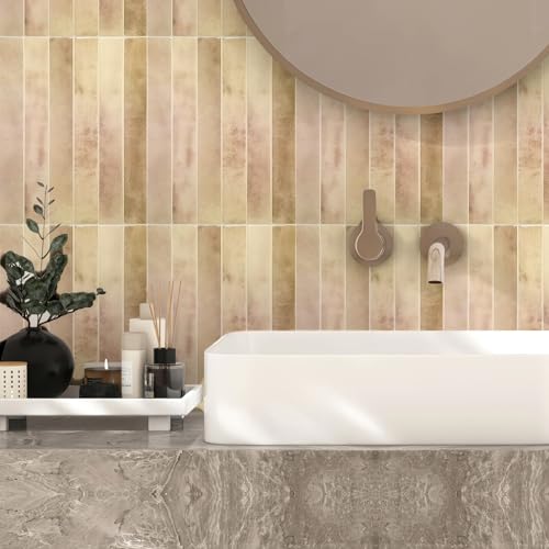 10 Sheet Pink with Beige 9 * 11.4 in backsplash Tiles Peel Stick for Kitchen Bathroom RV Fireplace Decor, Thick Design Glossy wall Tile Stickers Stick on Tiles backsplash by Neonwink - Used condition - Image 6