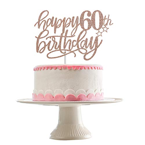 Happy 60th Birthday Cake Topper Rose Gold Glitter, 60th Anniversary Cake Topper 60 Birthday Cake Topper Rose Gold 60th Birthday Cake Decorations for Women