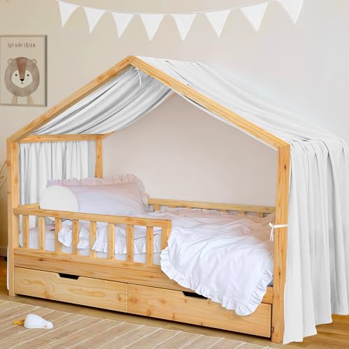 Juego de decoración para cama de casa, dosel, cama de muselina, 1 dosel de cama y 1 banderín, para niños y niñas, decoración para habitación infantil, 135 x 360 cm, color blanco