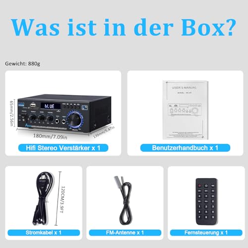 Woopker AK45 Amplificador Audio, 2.0CH Bluetooth 5.0 40Wx2 Salida HiFi Amplificador de Potencia de Audio, Receptor estéreo Amplificador Audio para Cine en Casa, Coche Altavoz W/2 Mic/USB/Radio FM - imagen 7