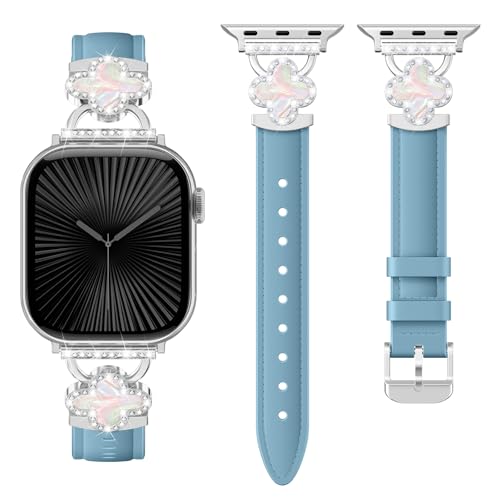 Bracelet cuir fin Apple Watch 49mm iWatch Ultra trèfle diamant femme chic