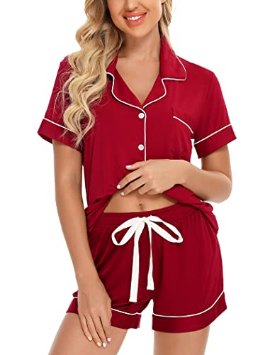 Leikar Womens Button Down Pajama Sets Bride Pajamas Sets Sleepwear Shorts Lounge Set, B-Wine Red, X-Large