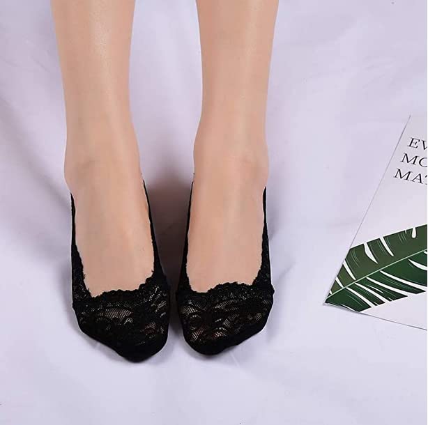 5 Pairs Lace No Show Socks Women No Show Liner Socks Low Cut Casual Socks Non Slip(Black,5-7 Inches, Small Size)3