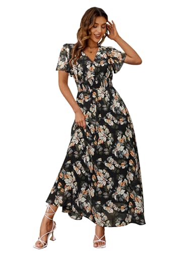 Image of Simplee Women's Boho Floral Maxi Dress Flowy Casual V Neck Short Sleeve Wedding Guest Holiday Beach Long Dress