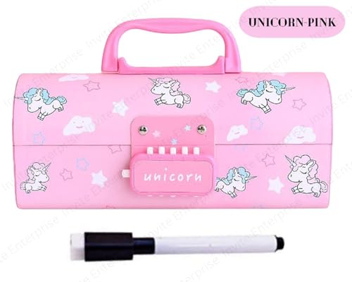 Image of Invite Kids Pen & Pencil Box - Suitcase Style Password Lock Pencil Case | Multi-Layer Stationery Organizer for Boys & Girls | Return Gift Item for Kids (School Supplies) (UPB - Unicorn Pink)