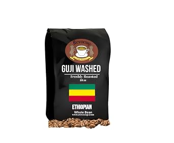Revocup Ethiopian Guji Natural Coffee 24oz, Naturally Processed Whole Bean Light/Medium Roast, Raspberry & Floral Notes, Specialty Grade, Brews 40+ Cups @ 9oz Gourmet Coffee 24oz, Washed