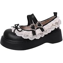 Women Lolita Shoes Heel Mary Jane Lace Pumps with Bow Kawaii Cute Cosplay Wedge Boots Cross Strap Block Heel Sweet Uniform Dress for Prom College Vintage Party Casual