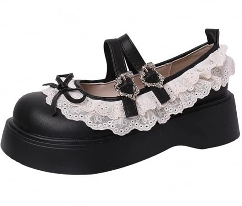 Women Lolita Shoes Heel Mary Jane Lace Pumps with Bow Kawaii Cute Cosplay Wedge Boots Cross Strap Block Heel Sweet Uniform Dress for Prom College Vintage Party Casual
